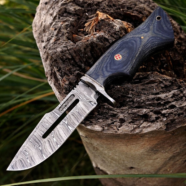Damascus Steel Viking Knife – Black Hand Forged Survival Blade with Leather Sheath