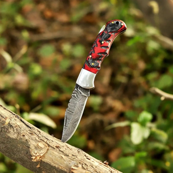 Handmade Copper Damascus Folding Knife Rose Wood Handle