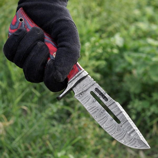 Damascus Steel Viking Knife – Red Hand Forged Survival Blade with Leather Sheath
