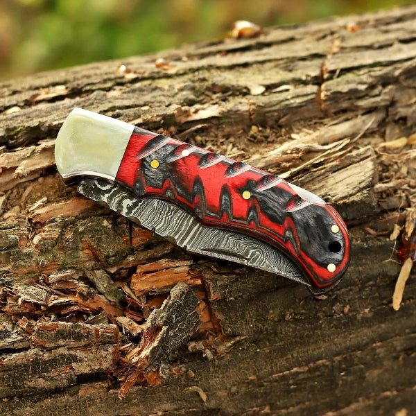 Handmade Copper Damascus Folding Knife Rose Wood Handle