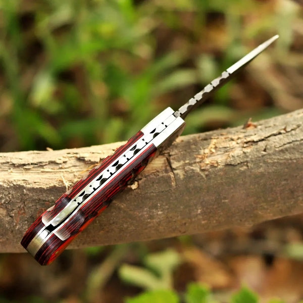 Handmade Copper Damascus Folding Knife Rose Wood Handle