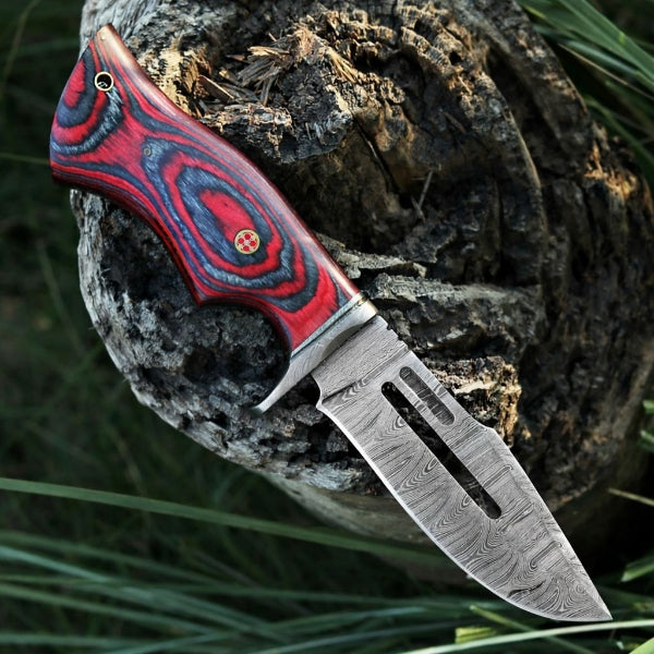 Damascus Steel Viking Knife – Red Hand Forged Survival Blade with Leather Sheath