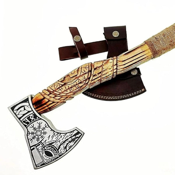 Custom Forged Carbon Steel Viking Axe with Ash Wood