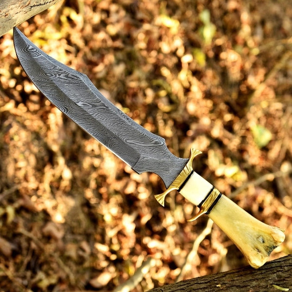Handmade Damascus Custom Camel Bone  Brass Sub Hilt Bowie Hunting Knife