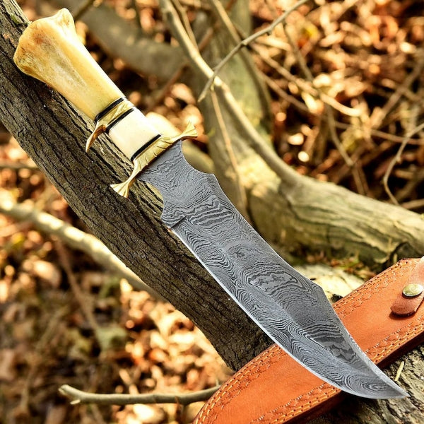 Handmade Damascus Custom Camel Bone Knife / Brass Sub Hilt Bowie Hunting Knife