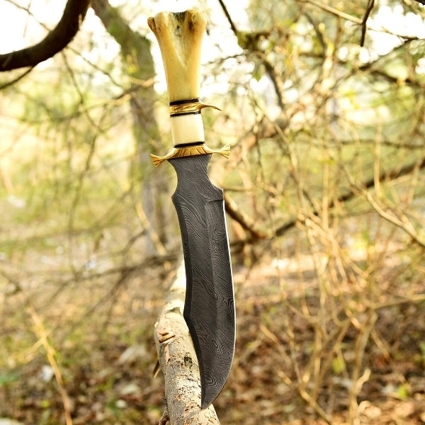 Handmade Damascus Custom Camel Bone Knife / Brass Sub Hilt Bowie Hunting Knife