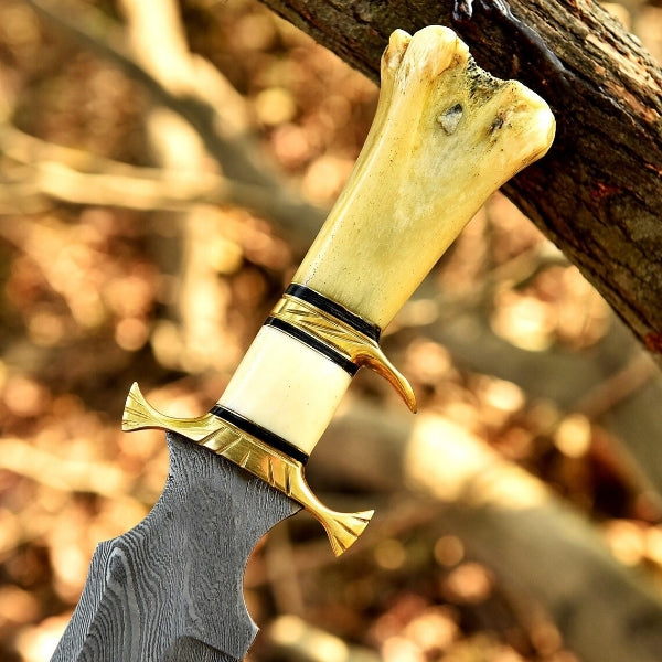 Handmade Damascus Custom Camel Bone Knife / Brass Sub Hilt Bowie Hunting Knife