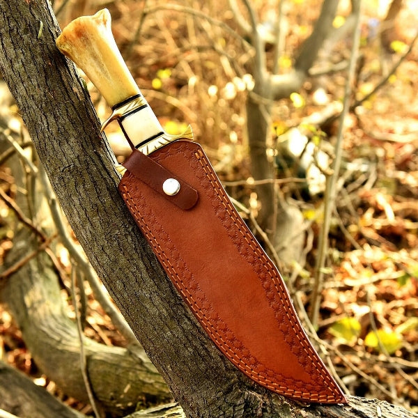 Handmade Damascus Custom Camel Bone Knife / Brass Sub Hilt Bowie Hunting Knife