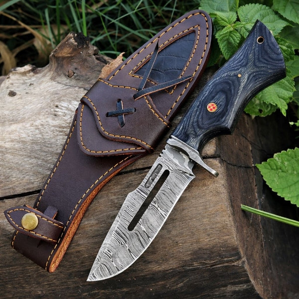 Damascus Steel Viking Knife – Black Hand Forged Survival Blade with Leather Sheath