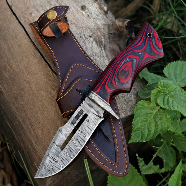 Damascus Steel Viking Knife – Red Hand Forged Survival Blade with Leather Sheath
