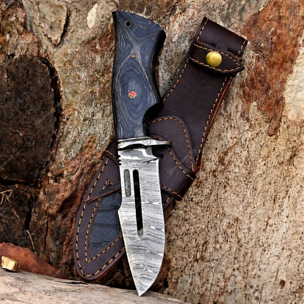 Damascus Steel Viking Knife – Black Hand Forged Survival Blade with Leather Sheath