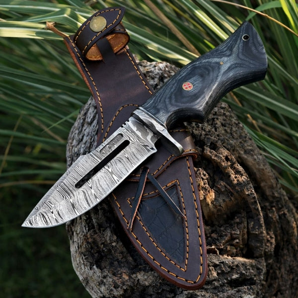 Damascus Steel Viking Knife – Black Hand Forged Survival Blade with Leather Sheath