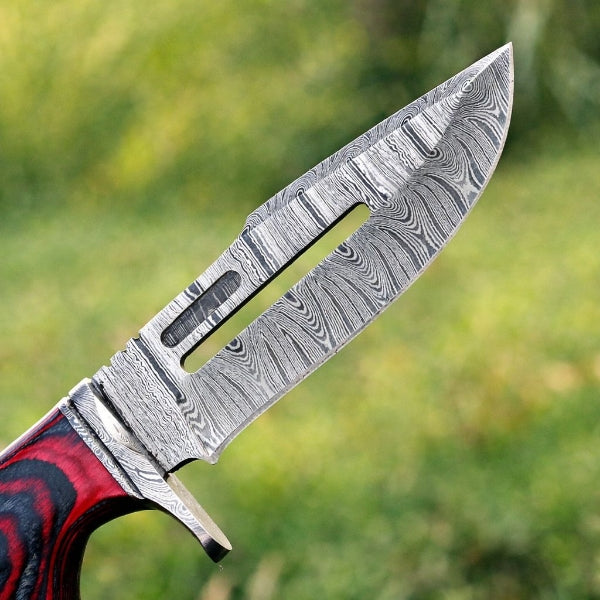 Damascus Steel Viking Knife – Red Hand Forged Survival Blade with Leather Sheath