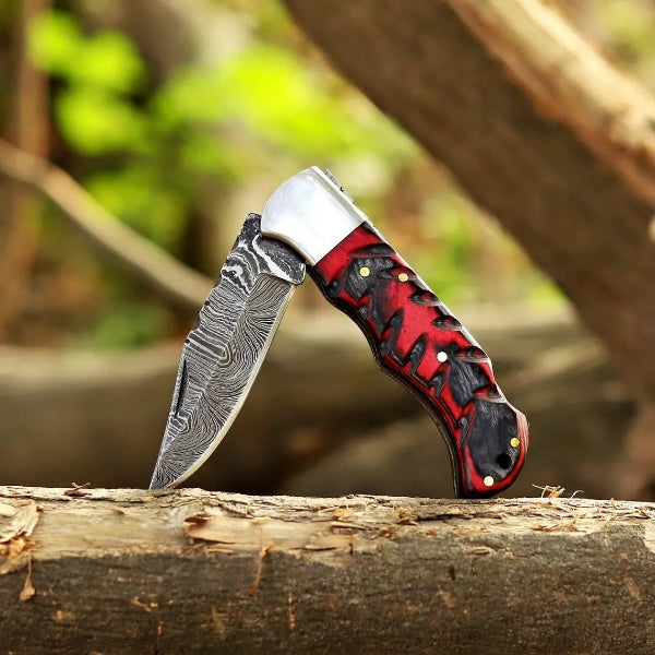 Handmade Copper Damascus Folding Knife Rose Wood Handle