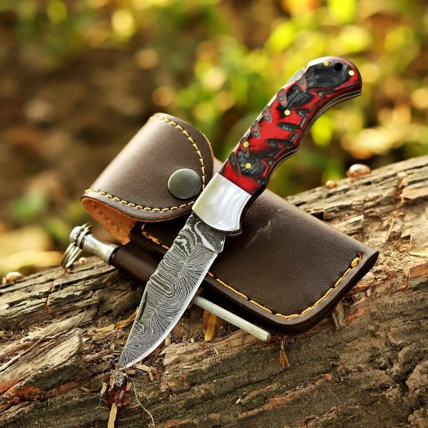 Handmade Copper Damascus Folding Knife Rose Wood Handle