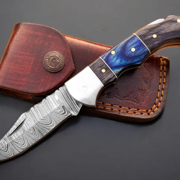 Handmade Damascus Folding Knife, Rosewood Handle, Leather Sheath