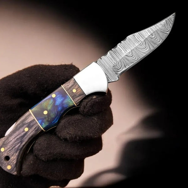 Handmade Damascus Folding Knife, Rosewood Handle, Leather Sheath