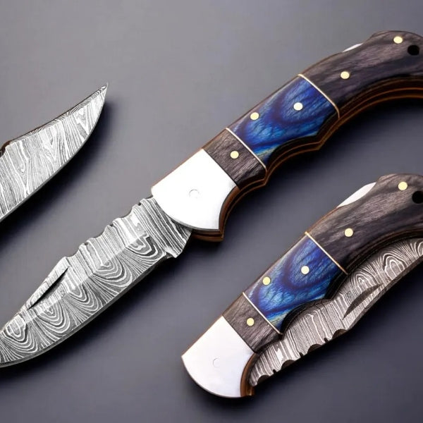 Handmade Damascus Folding Knife, Rosewood Handle, Leather Sheath