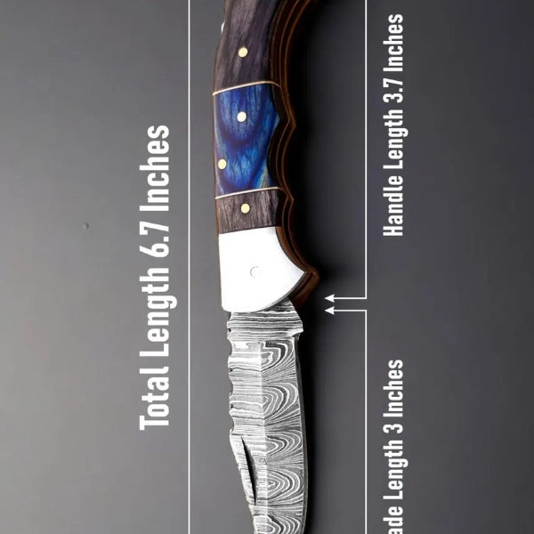 Handmade Damascus Folding Knife, Rosewood Handle, Leather Sheath