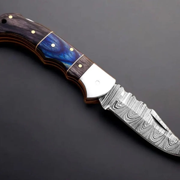 Handmade Damascus Folding Knife, Rosewood Handle, Leather Sheath