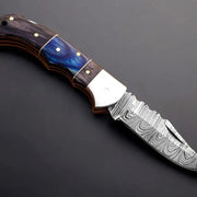 Handmade Damascus Folding Knife, Rosewood Handle, Leather Sheath thumbnail