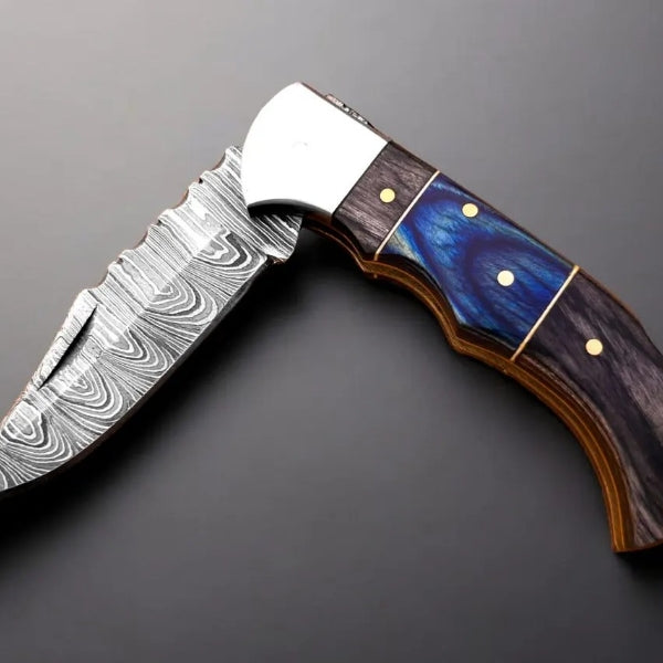 Handmade Damascus Folding Knife, Rosewood Handle, Leather Sheath