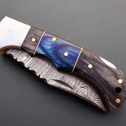 Handmade Damascus Folding Knife, Rosewood Handle, Leather Sheath thumbnail