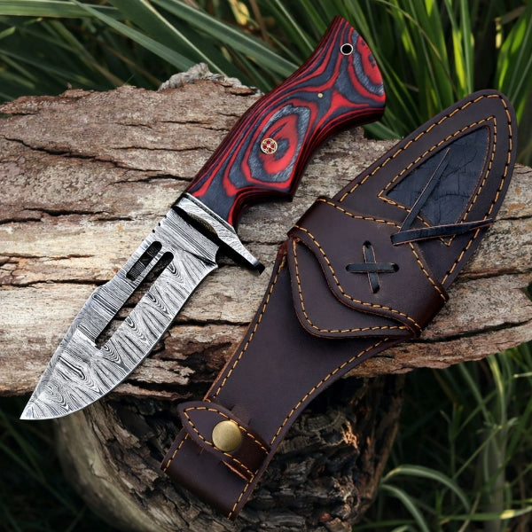 Damascus Steel Viking Knife – Red Hand Forged Survival Blade with Leather Sheath