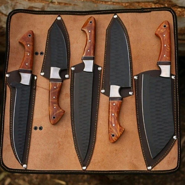 Handmade 5-Piece Carbon Steel Chef Knife Set with Leather Roll