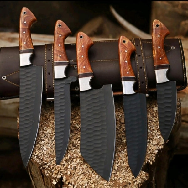 Handmade 5-Piece Carbon Steel Chef Knife Set with Leather Roll
