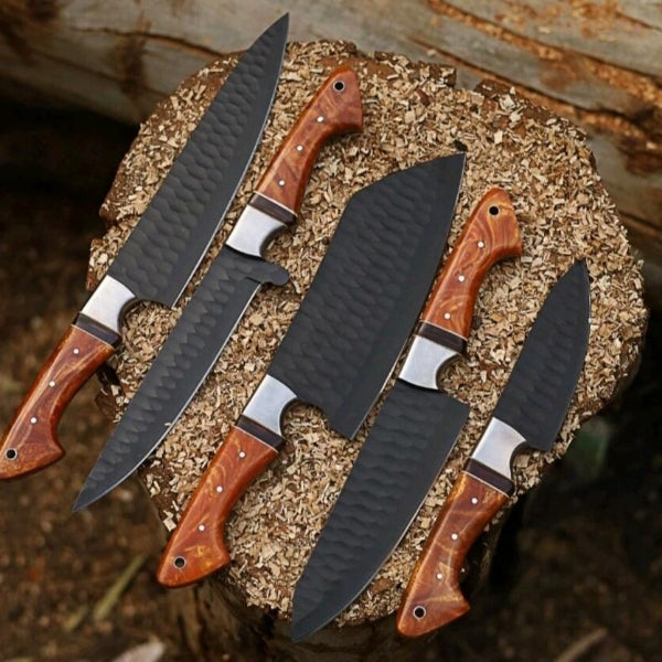 Handmade 5-Piece Carbon Steel Chef Knife Set with Leather Roll