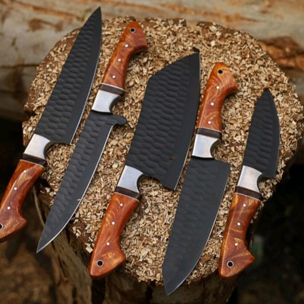Handmade 5-Piece Carbon Steel Chef Knife Set with Leather Roll