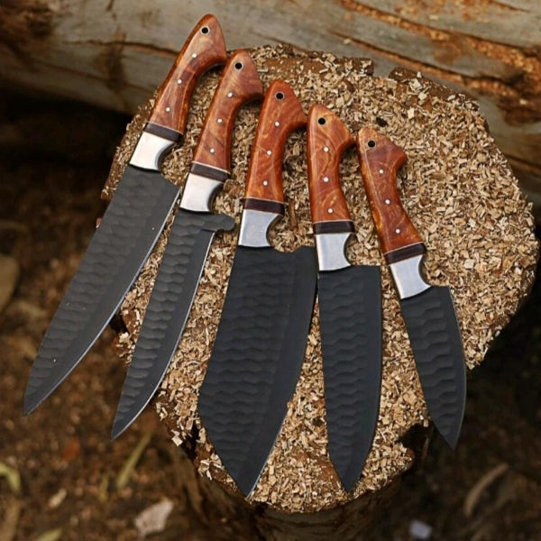 Handmade 5-Piece Carbon Steel Chef Knife Set with Leather Roll