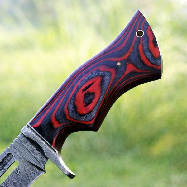 Damascus Steel Viking Knife – Red Hand Forged Survival Blade with Leather Sheath