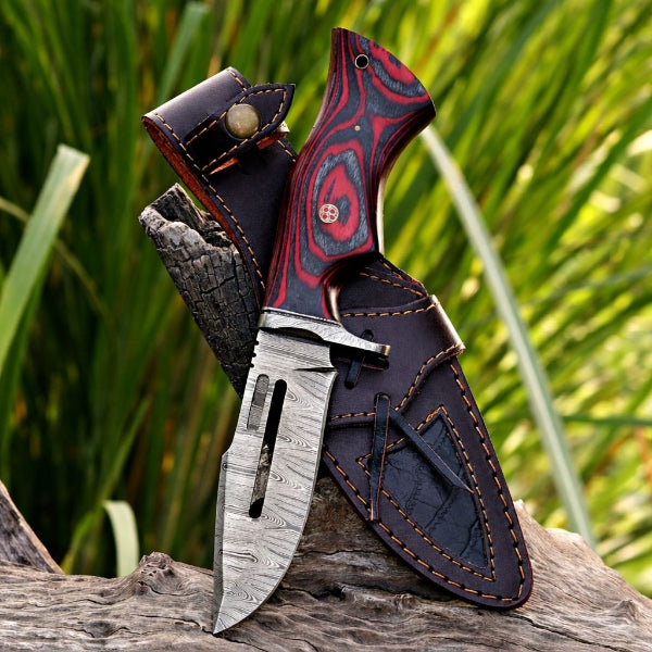 Damascus Steel Viking Knife – Red Hand Forged Survival Blade with Leather Sheath