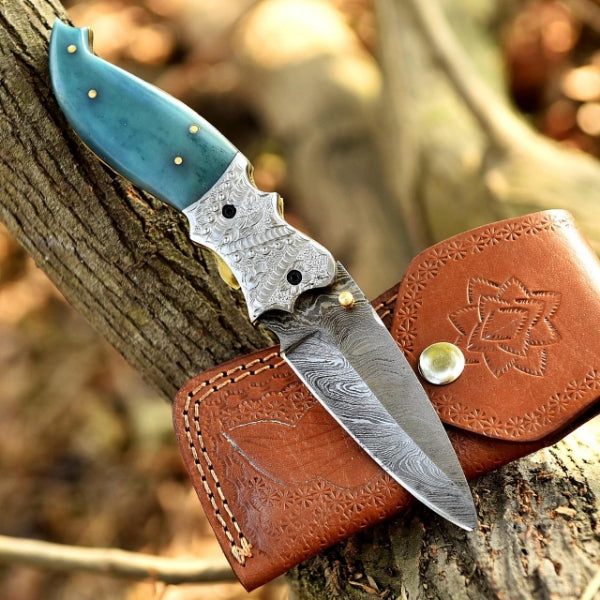 Handcrafted Damascus Steel Folding Pocket Knife – 8” Camel Bone Handle