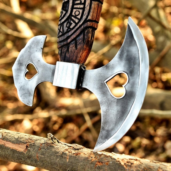 Hand Forged Viking Axe, D2 Steel, Heart Cutout, Ash Wood Handle