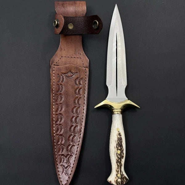 Handmade Damascus Steel Dagger Knife with Stag Handle & Sheath