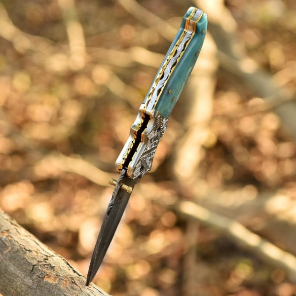 Handcrafted Damascus Steel Folding Pocket Knife – 8” Camel Bone Handle