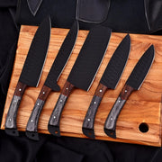 Premium 5-Piece High Carbon Stainless Steel Chef Knife Set with Hand-Stitched Leather Sheath thumbnail