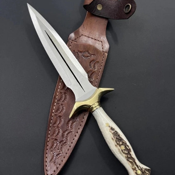 Handmade Damascus Steel Dagger Knife with Stag Handle & Sheath