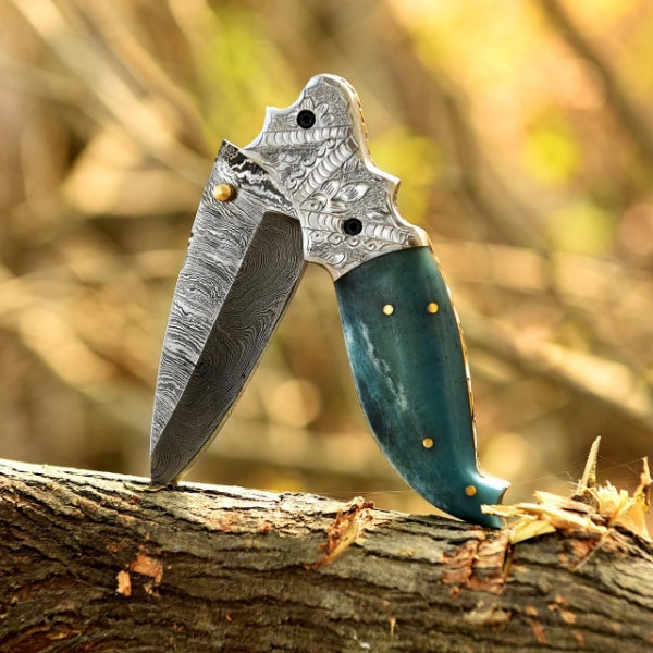 Handcrafted Damascus Steel Folding Pocket Knife – 8” Camel Bone Handle