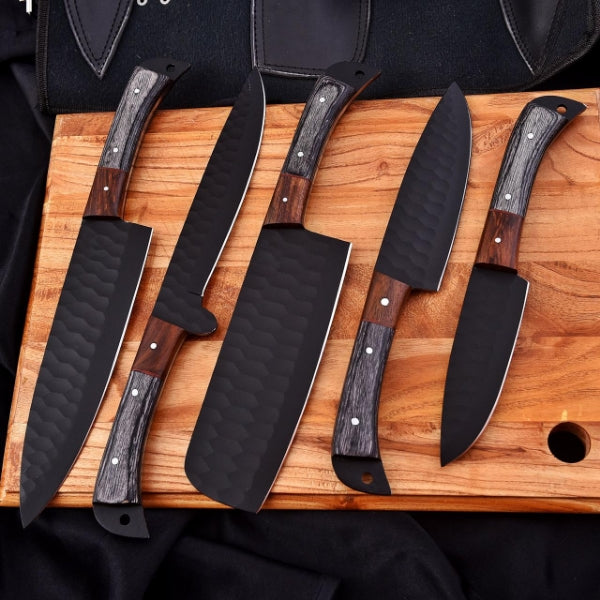 Premium 5-Piece High Carbon Stainless Steel Chef Knife Set with Hand-Stitched Leather Sheath