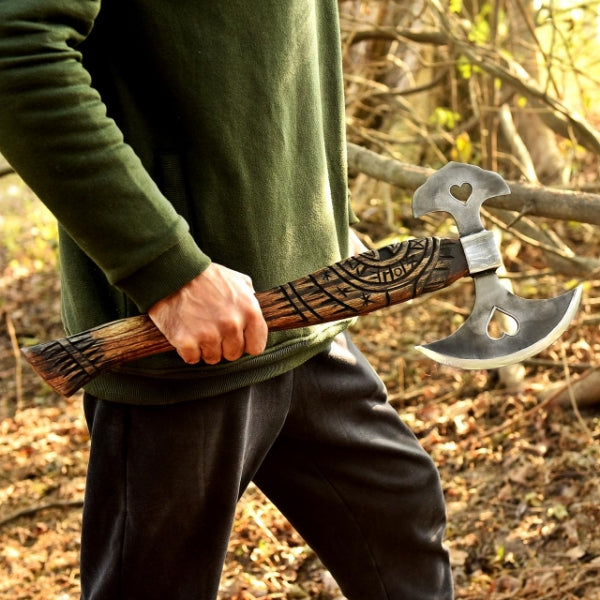 Hand Forged Viking Axe, D2 Steel, Heart Cutout, Ash Wood Handle