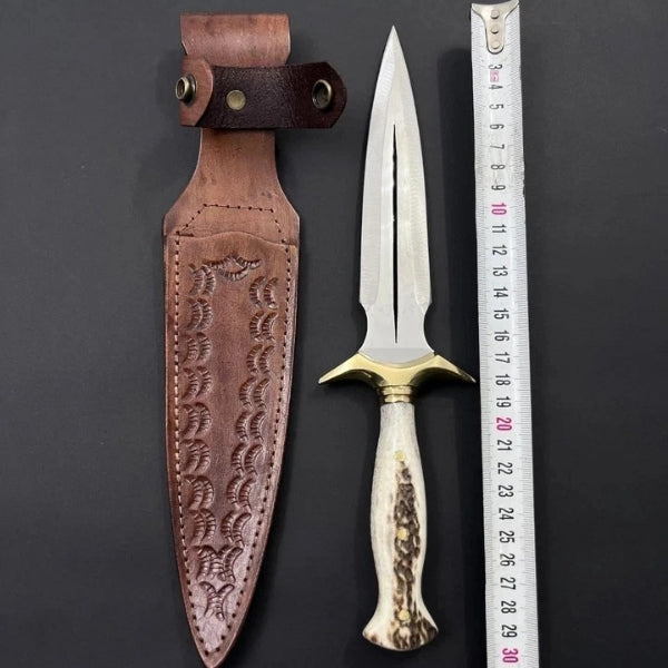 Handmade Damascus Steel Dagger Knife with Stag Handle & Sheath