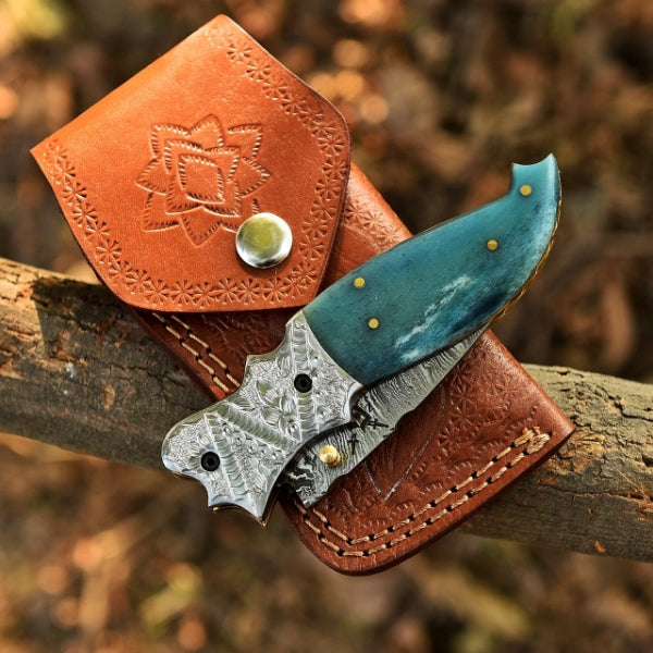 Handcrafted Damascus Steel Folding Pocket Knife – 8” Camel Bone Handle