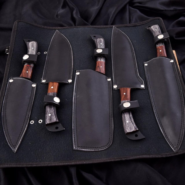 Premium 5-Piece High Carbon Stainless Steel Chef Knife Set with Hand-Stitched Leather Sheath
