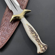 Handmade Damascus Steel Dagger Knife with Stag Handle & Sheath thumbnail