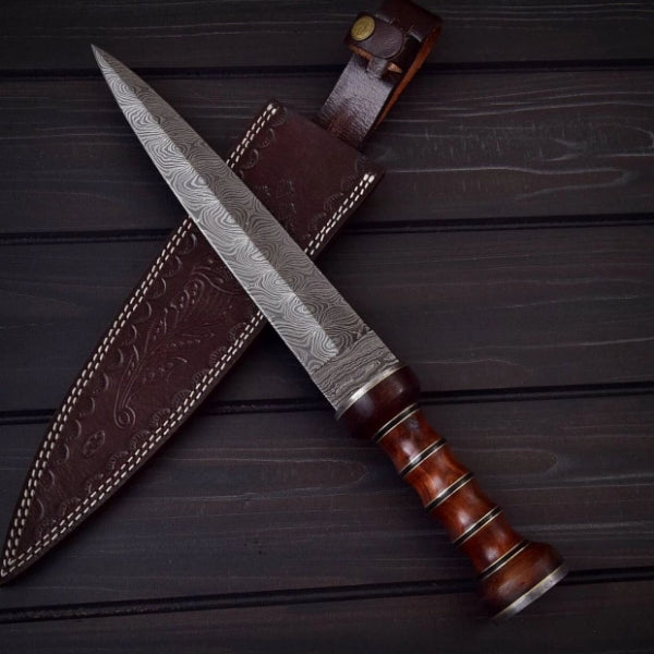 Custom Handmade Damascus Steel Hunting Dagger Knife with Leather Sheath