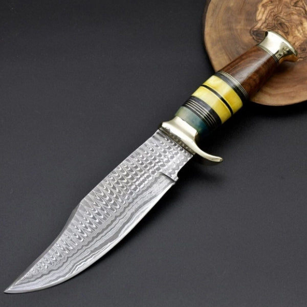 Damascus Steel Bowie Knife with Exotic Rose Wood Handle & Leather Sheath